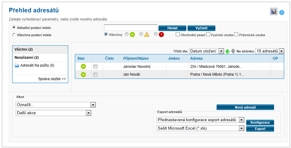 přehled s uloženou složkou