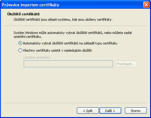 Průvodce importem certifikátu“ – výběr úložiště